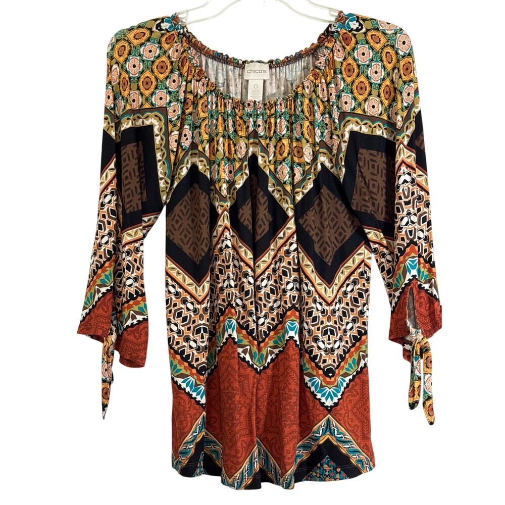 Chico’s 0, Small, 4 Boho Top Elastic Scoop Neck 3/4 Tied Sleeves